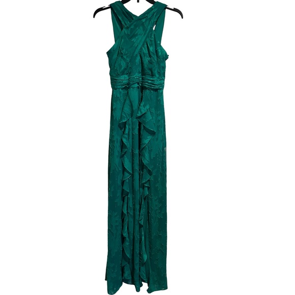 Aqua Formal Floral Burnout Chiffon Long Evening Gown Ruffle Skirt Green 0 NWT - Picture 2 of 10